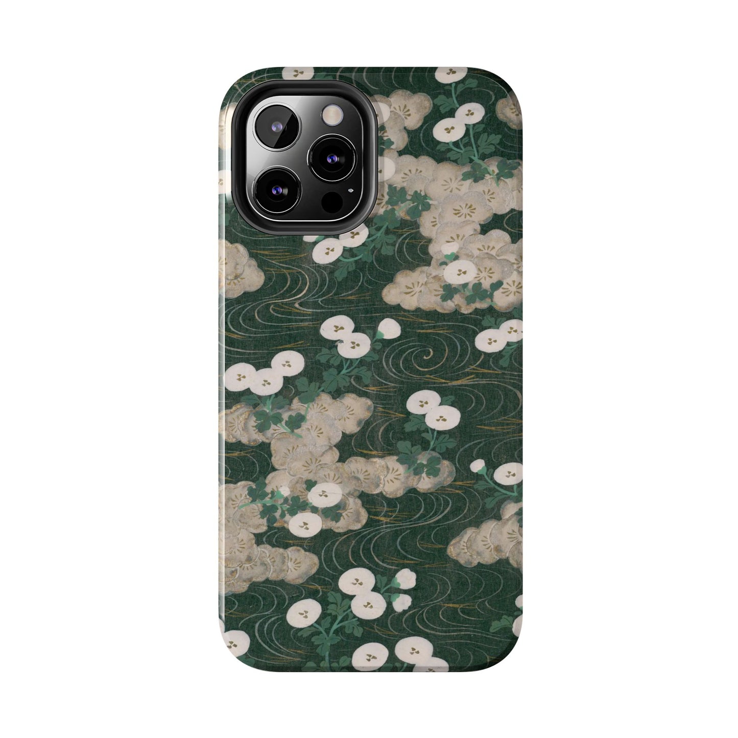 Meiji Era Flowing Water & White Flower Phone Case | 1901 Illustrated Compendium of 100 Designs | Forest Green Japanese Art