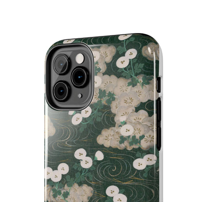 Meiji Era Flowing Water & White Flower Phone Case | 1901 Illustrated Compendium of 100 Designs | Forest Green Japanese Art