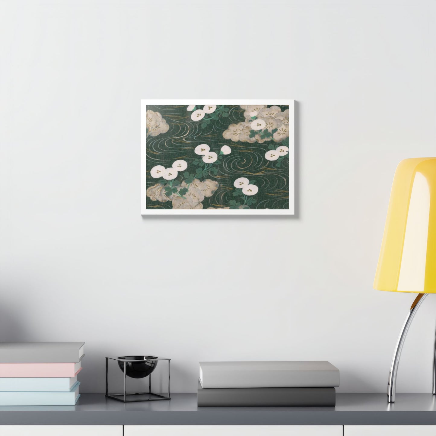 Elegant Green Chiyogami Framed Poster - Vintage Japanese Floral & Flowing Water Wall Art