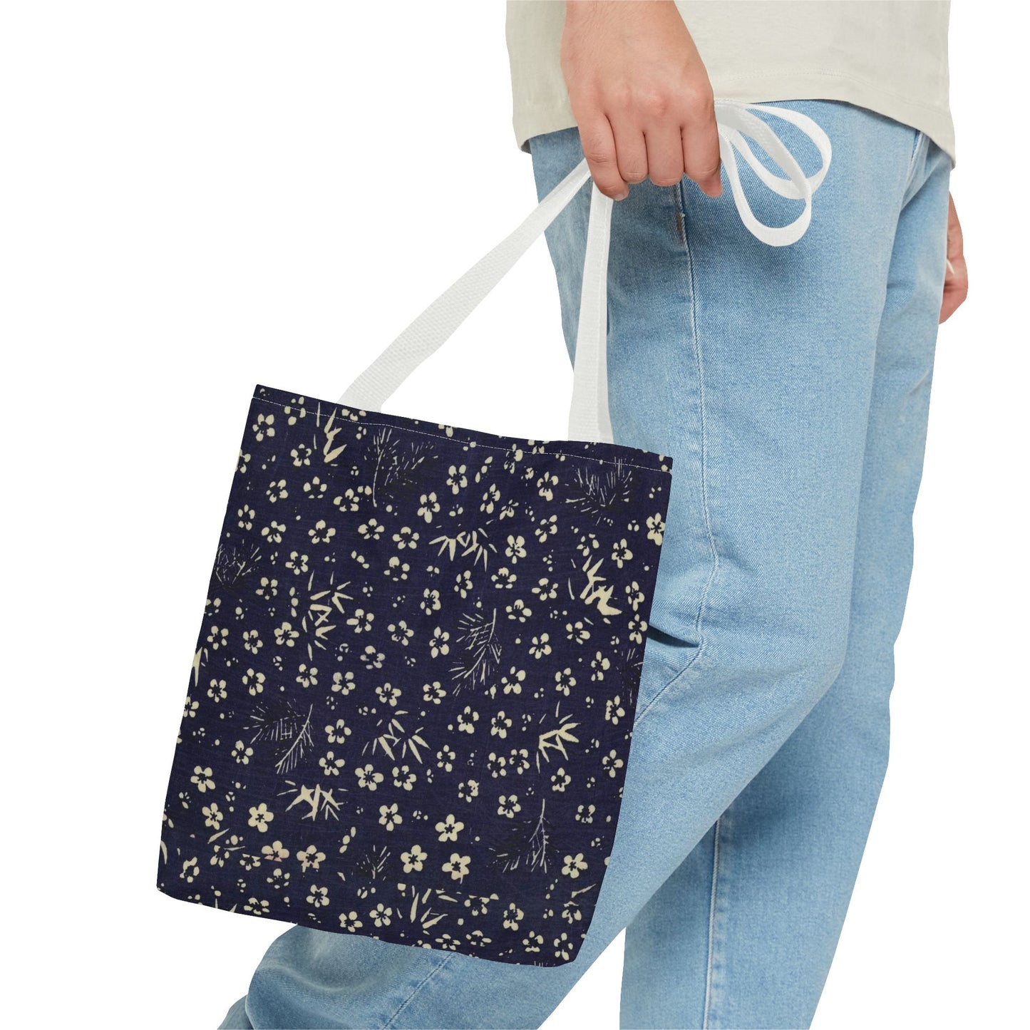 Taisho Era Shochikubai Tote Bag | 1926 Pine Bamboo Plum Japanese Chiyogami Art | Navy Floral
