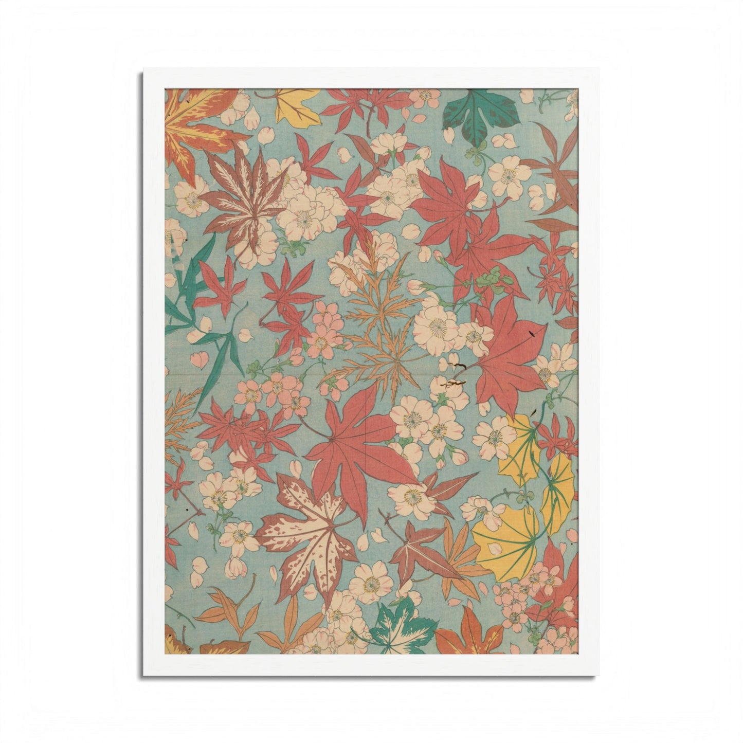 Antique Japanese Maple & Autumn Bloom Framed Poster - Meiji Era Nishikishu Wall Art