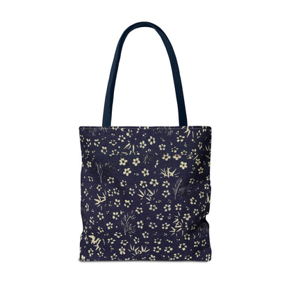 Taisho Era Shochikubai Tote Bag | 1926 Pine Bamboo Plum Japanese Chiyogami Art | Navy Floral