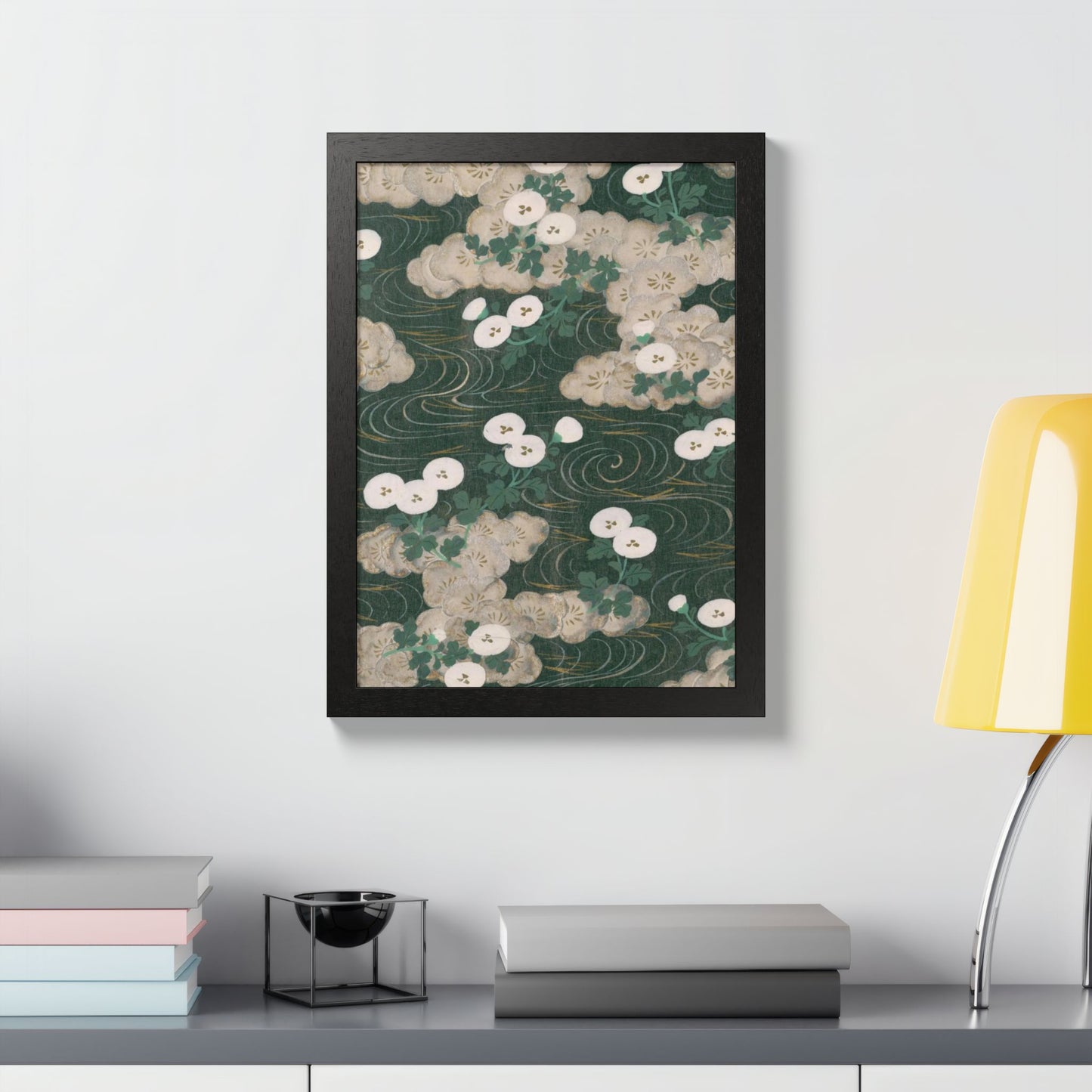 Elegant Green Chiyogami Framed Poster - Vintage Japanese Floral & Flowing Water Wall Art