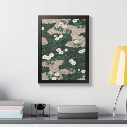 Elegant Green Chiyogami Framed Poster - Vintage Japanese Floral & Flowing Water Wall Art