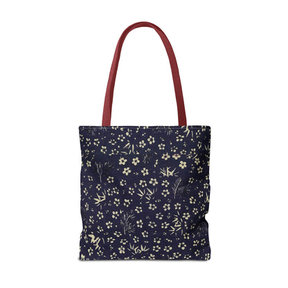 Taisho Era Shochikubai Tote Bag | 1926 Pine Bamboo Plum Japanese Chiyogami Art | Navy Floral