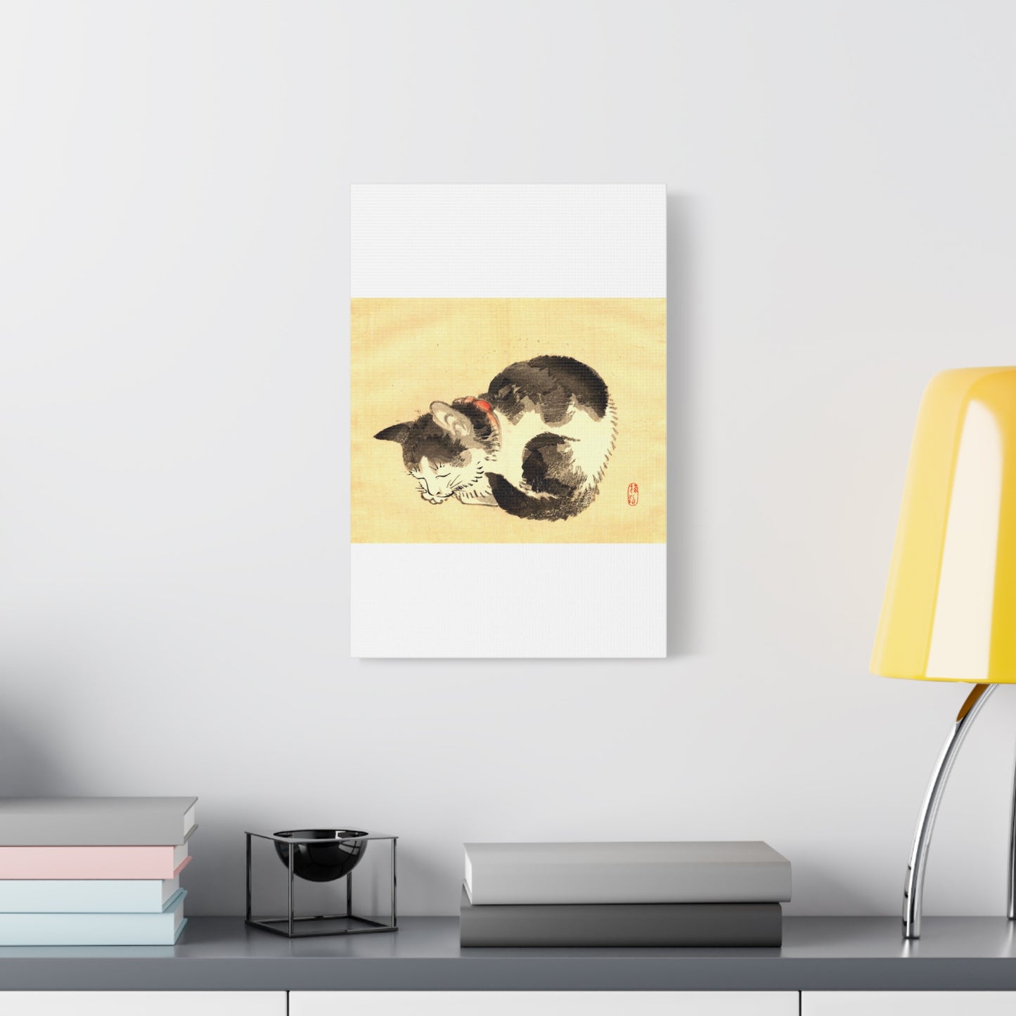 Sleeping Cat Vintage Sumi-e Canvas Print — Japanese Ink Cat Wall Art