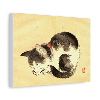 Sleeping Cat Vintage Sumi-e Canvas Print — Japanese Ink Cat Wall Art
