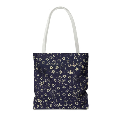 Taisho Era Shochikubai Tote Bag | 1926 Pine Bamboo Plum Japanese Chiyogami Art | Navy Floral