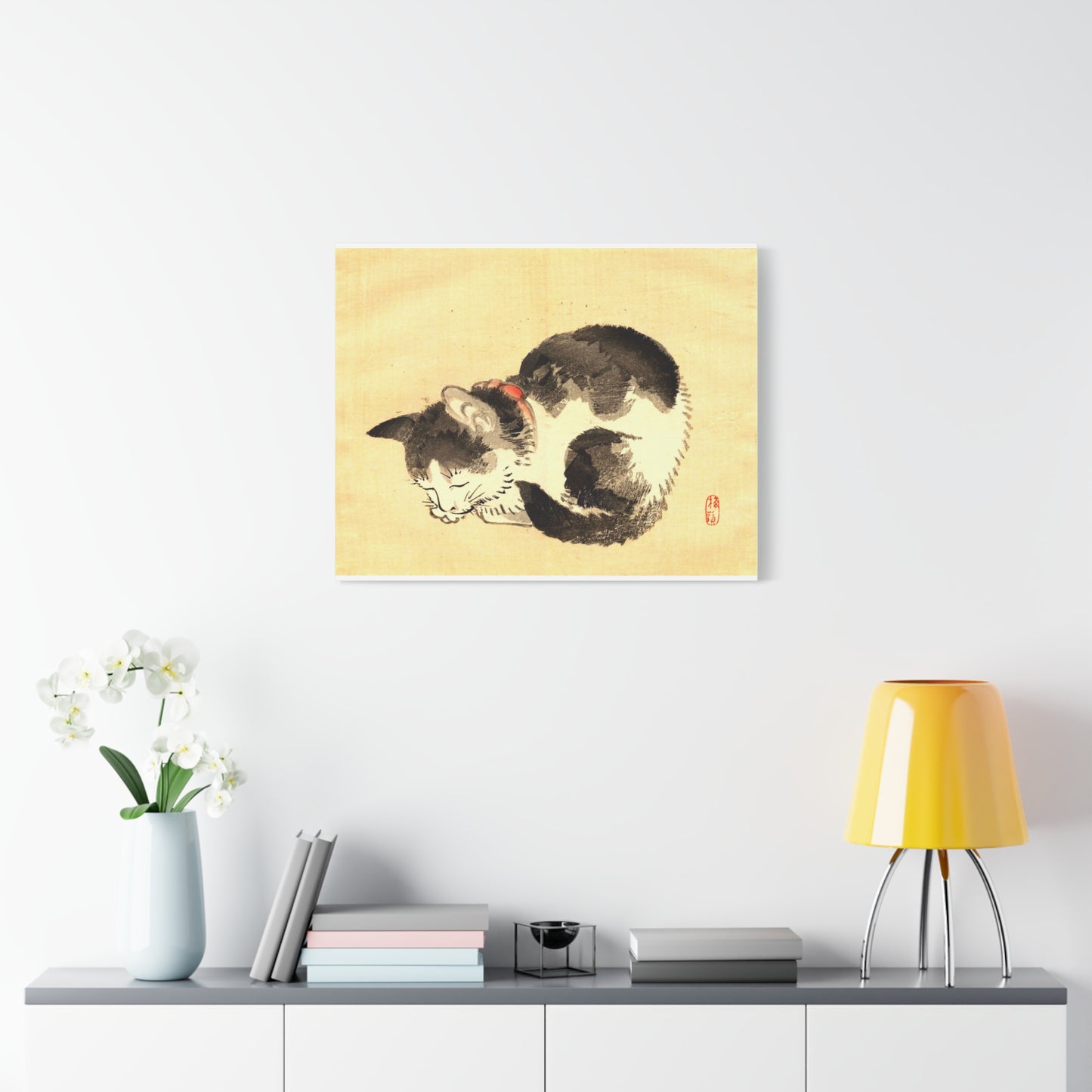 Sleeping Cat Vintage Sumi-e Canvas Print — Japanese Ink Cat Wall Art