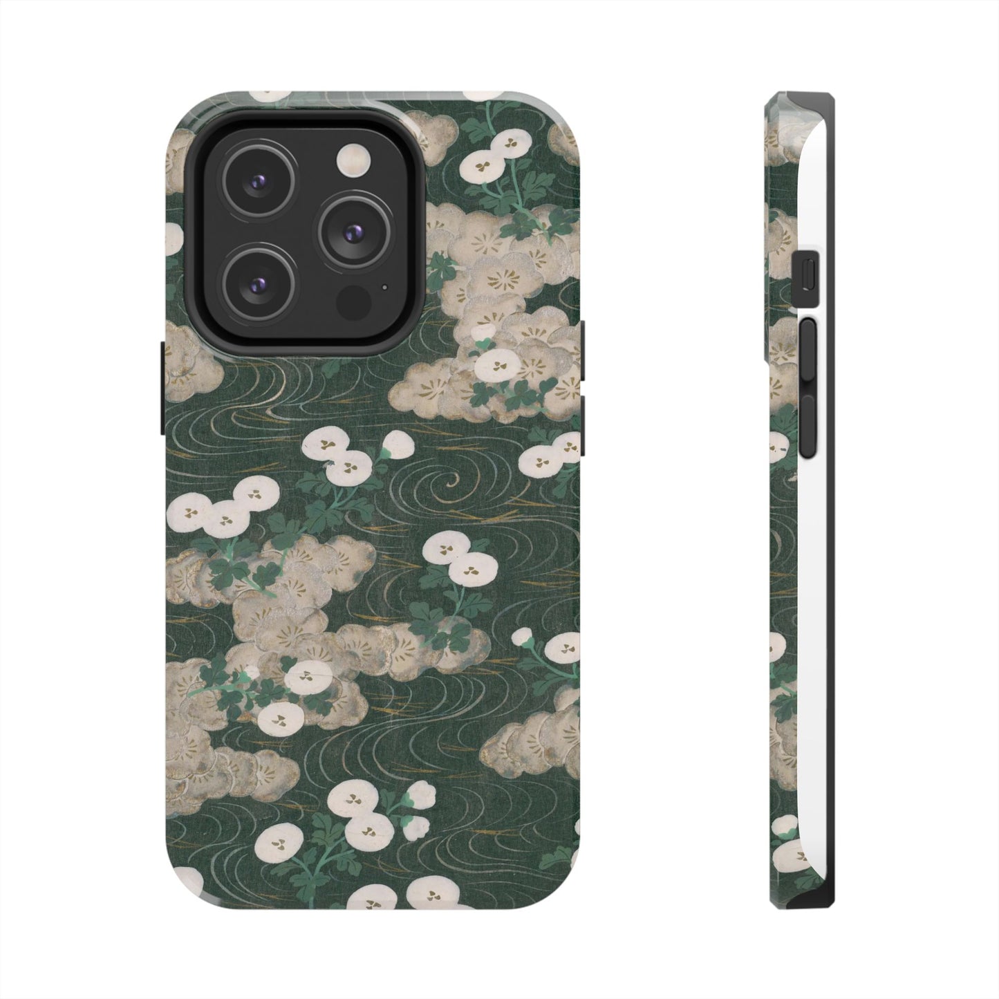 Meiji Era Flowing Water & White Flower Phone Case | 1901 Illustrated Compendium of 100 Designs | Forest Green Japanese Art