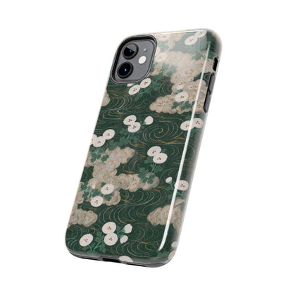 Meiji Era Flowing Water & White Flower Phone Case | 1901 Illustrated Compendium of 100 Designs | Forest Green Japanese Art