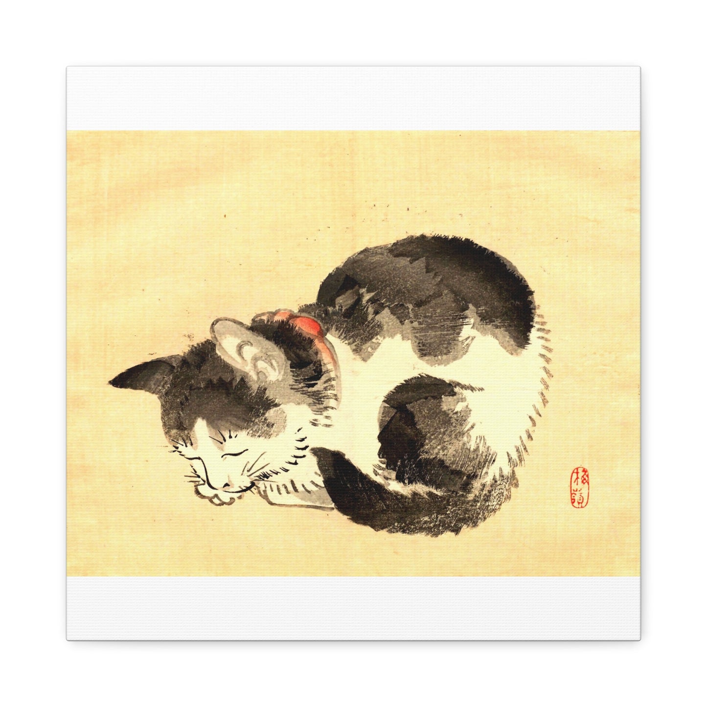 Sleeping Cat Vintage Sumi-e Canvas Print — Japanese Ink Cat Wall Art