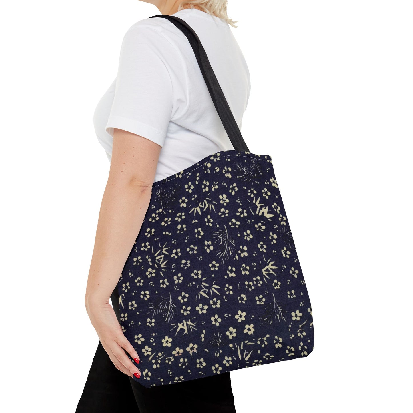 Taisho Era Shochikubai Tote Bag | 1926 Pine Bamboo Plum Japanese Chiyogami Art | Navy Floral