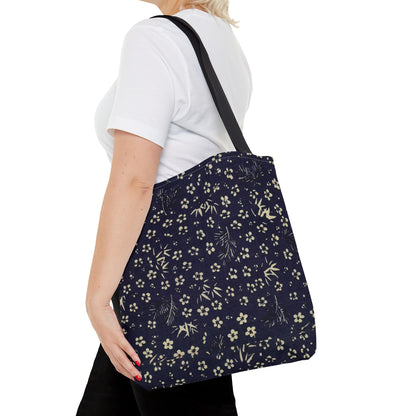 Taisho Era Shochikubai Tote Bag | 1926 Pine Bamboo Plum Japanese Chiyogami Art | Navy Floral