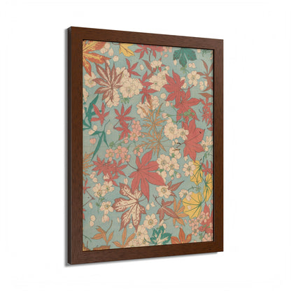Antique Japanese Maple & Autumn Bloom Framed Poster - Meiji Era Nishikishu Wall Art