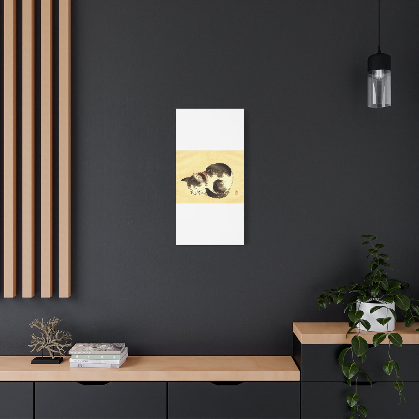 Sleeping Cat Vintage Sumi-e Canvas Print — Japanese Ink Cat Wall Art