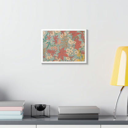 Antique Japanese Maple & Autumn Bloom Framed Poster - Meiji Era Nishikishu Wall Art