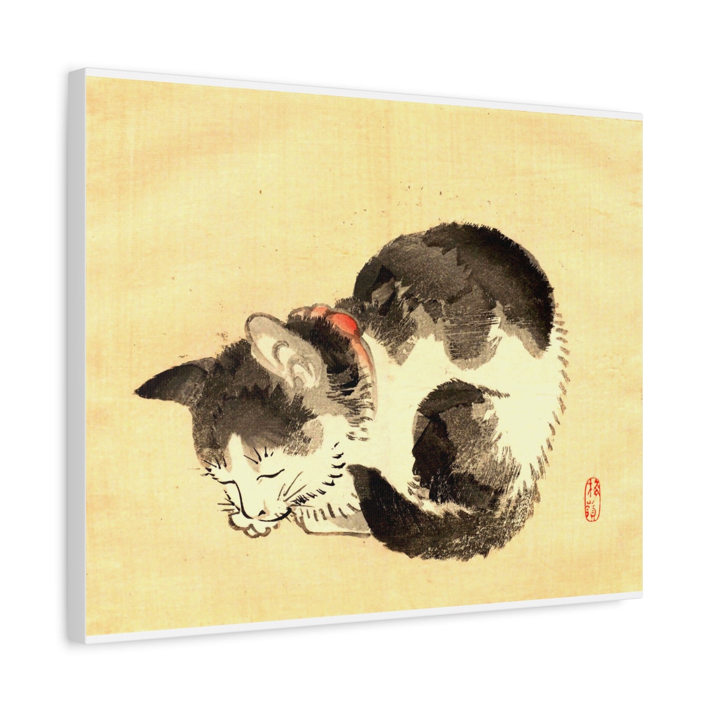 Sleeping Cat Vintage Sumi-e Canvas Print — Japanese Ink Cat Wall Art