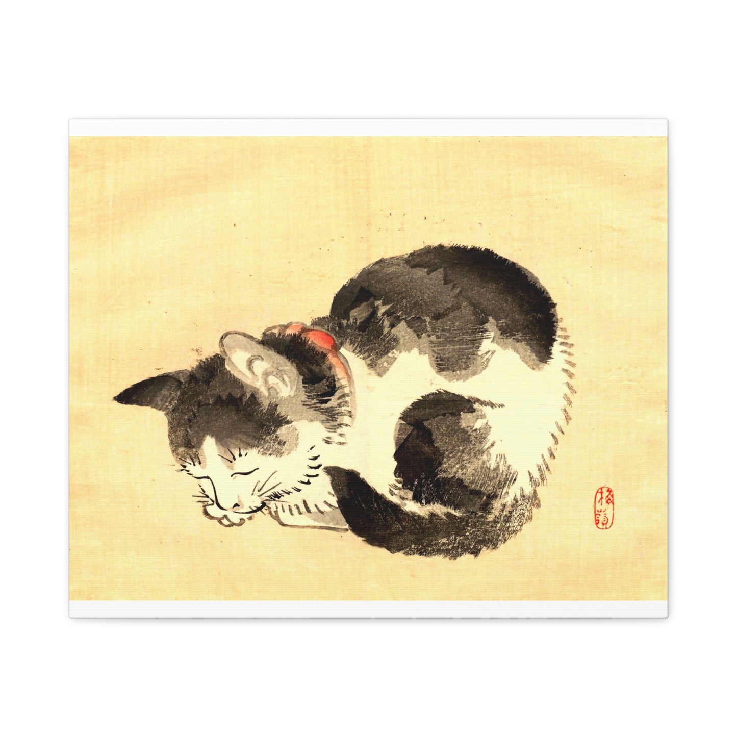 Sleeping Cat Vintage Sumi-e Canvas Print — Japanese Ink Cat Wall Art
