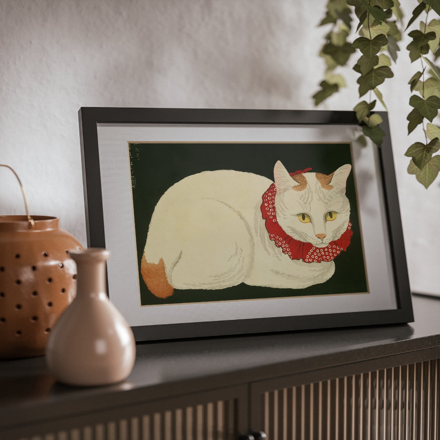 White Cat Japanese Woodblock Framed Poster – Nihon Fukei Senshu Vol.6, 1924
