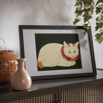 White Cat Japanese Woodblock Framed Poster – Nihon Fukei Senshu Vol.6, 1924