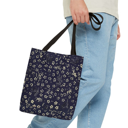 Taisho Era Shochikubai Tote Bag | 1926 Pine Bamboo Plum Japanese Chiyogami Art | Navy Floral