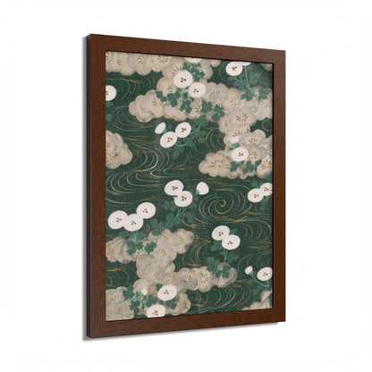 Elegant Green Chiyogami Framed Poster - Vintage Japanese Floral & Flowing Water Wall Art