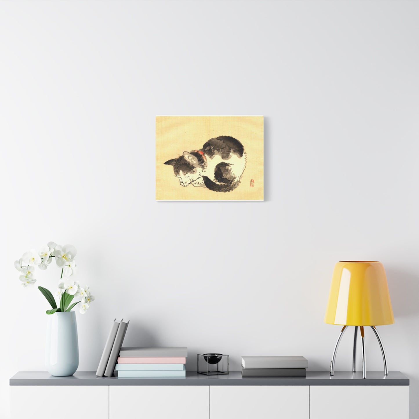 Sleeping Cat Vintage Sumi-e Canvas Print — Japanese Ink Cat Wall Art
