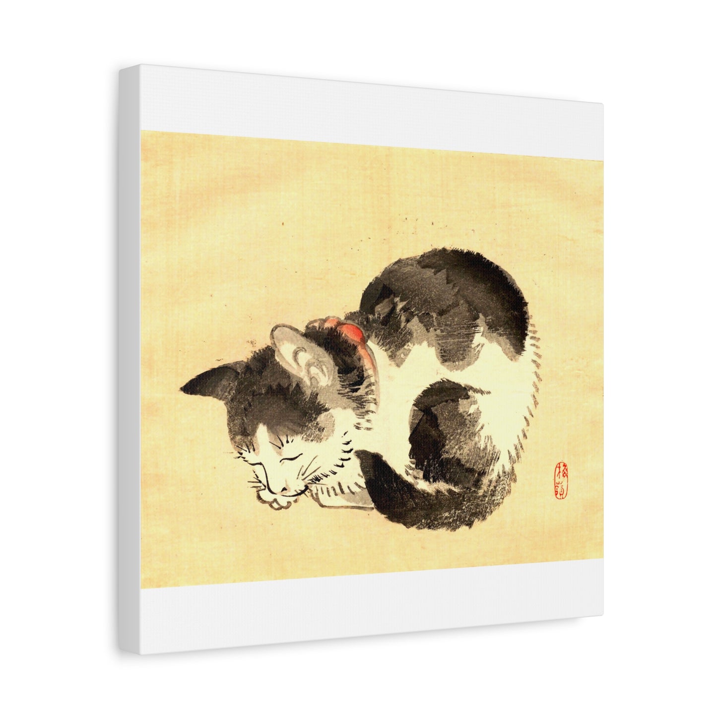 Sleeping Cat Vintage Sumi-e Canvas Print — Japanese Ink Cat Wall Art