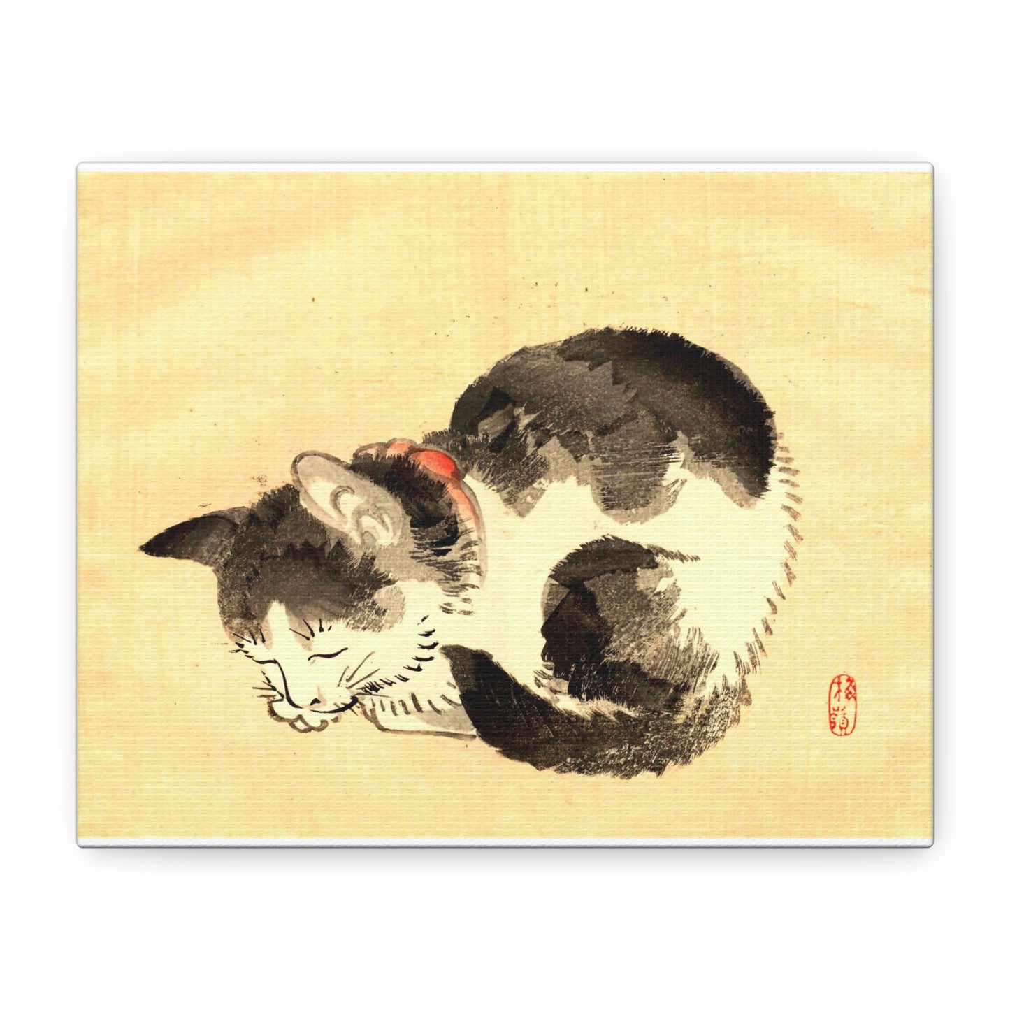 Sleeping Cat Vintage Sumi-e Canvas Print — Japanese Ink Cat Wall Art