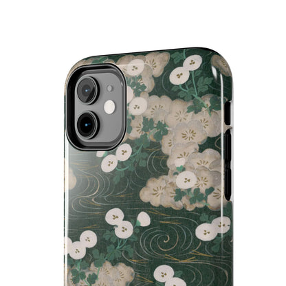 Meiji Era Flowing Water & White Flower Phone Case | 1901 Illustrated Compendium of 100 Designs | Forest Green Japanese Art