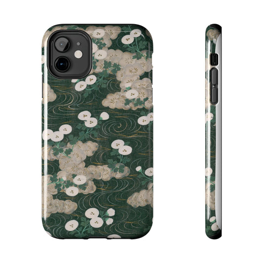 Meiji Era Flowing Water & White Flower Phone Case | 1901 Zuan Hyakushu | Forest Green Japanese Art