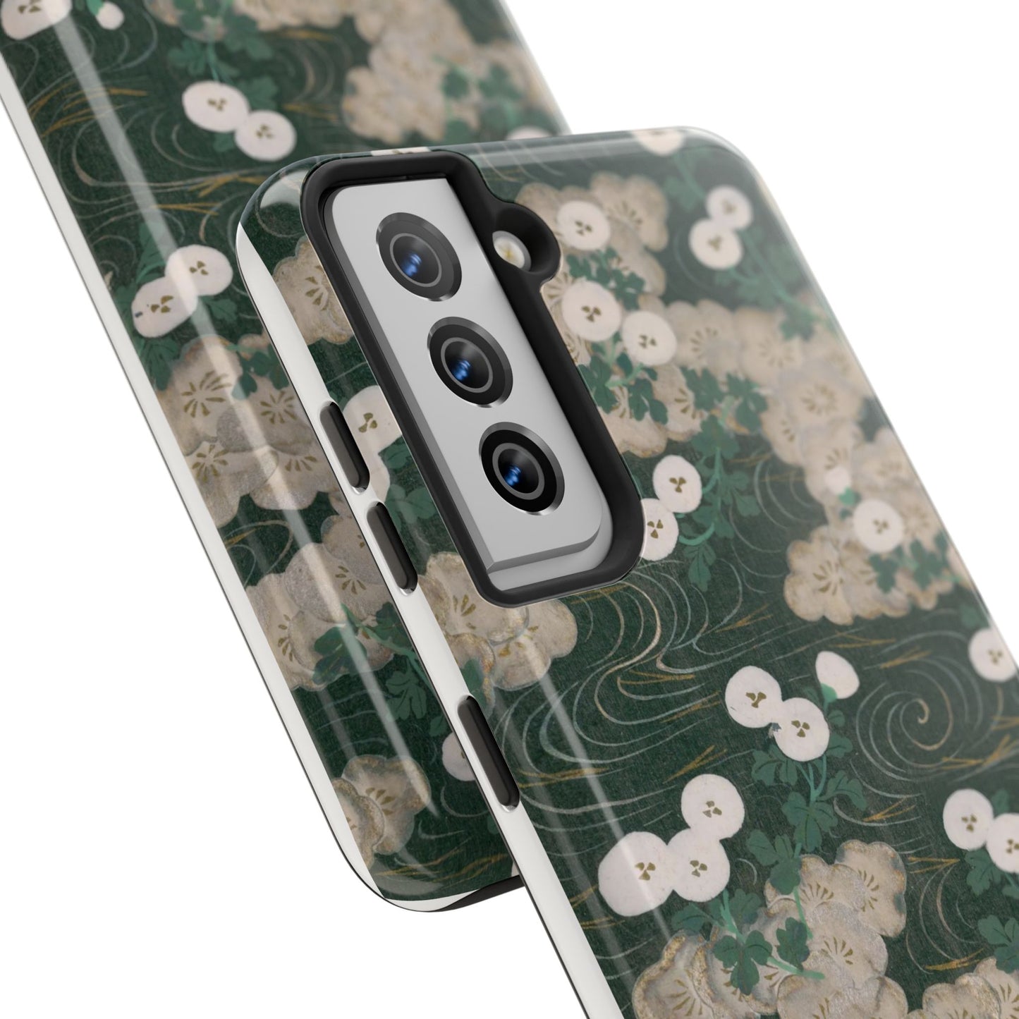 Meiji Era Flowing Water & White Flower Phone Case | 1901 Illustrated Compendium of 100 Designs | Forest Green Japanese Art