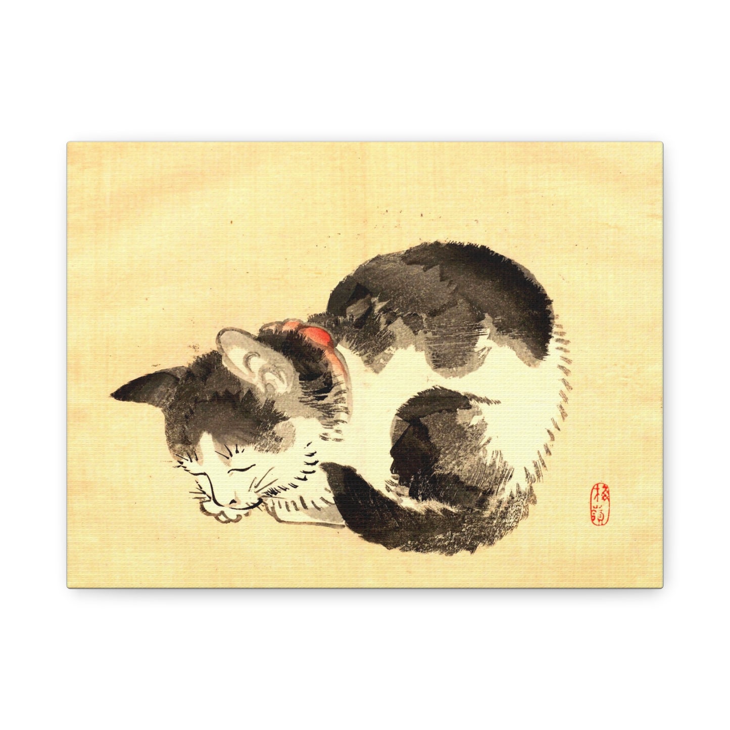 Sleeping Cat Vintage Sumi-e Canvas Print — Japanese Ink Cat Wall Art