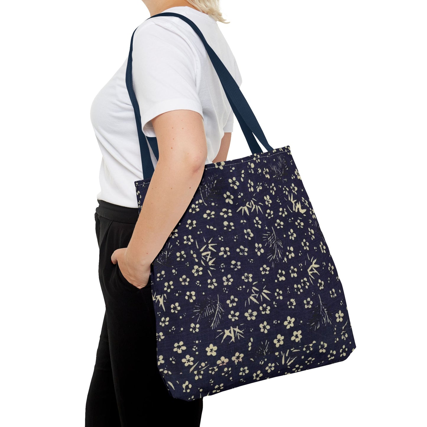 Taisho Era Shochikubai Tote Bag | 1926 Pine Bamboo Plum Japanese Chiyogami Art | Navy Floral