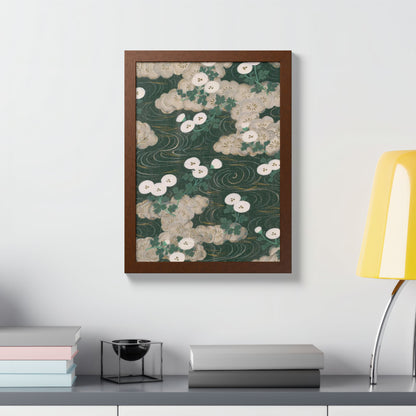 Elegant Green Chiyogami Framed Poster - Vintage Japanese Floral & Flowing Water Wall Art