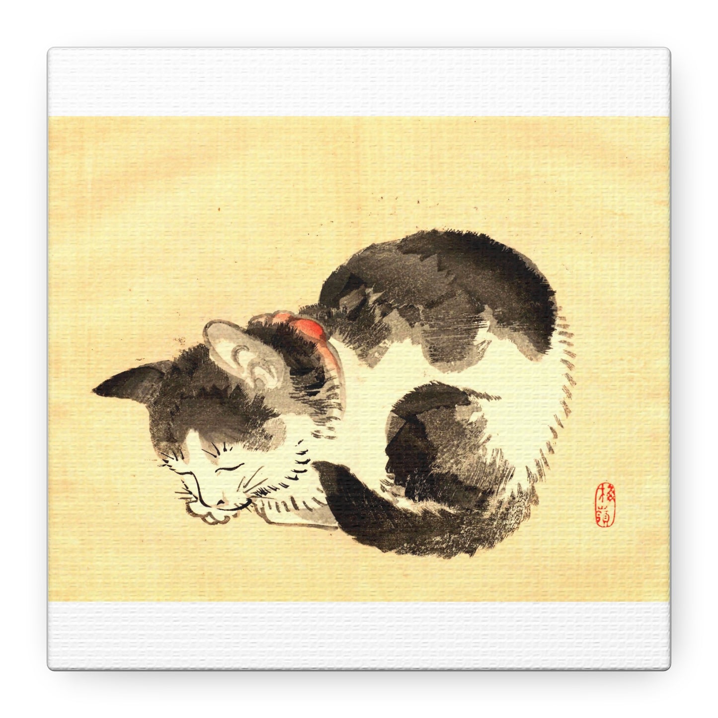 Sleeping Cat Vintage Sumi-e Canvas Print — Japanese Ink Cat Wall Art