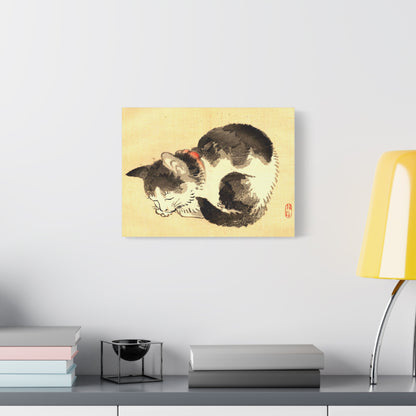 Sleeping Cat Vintage Sumi-e Canvas Print — Japanese Ink Cat Wall Art