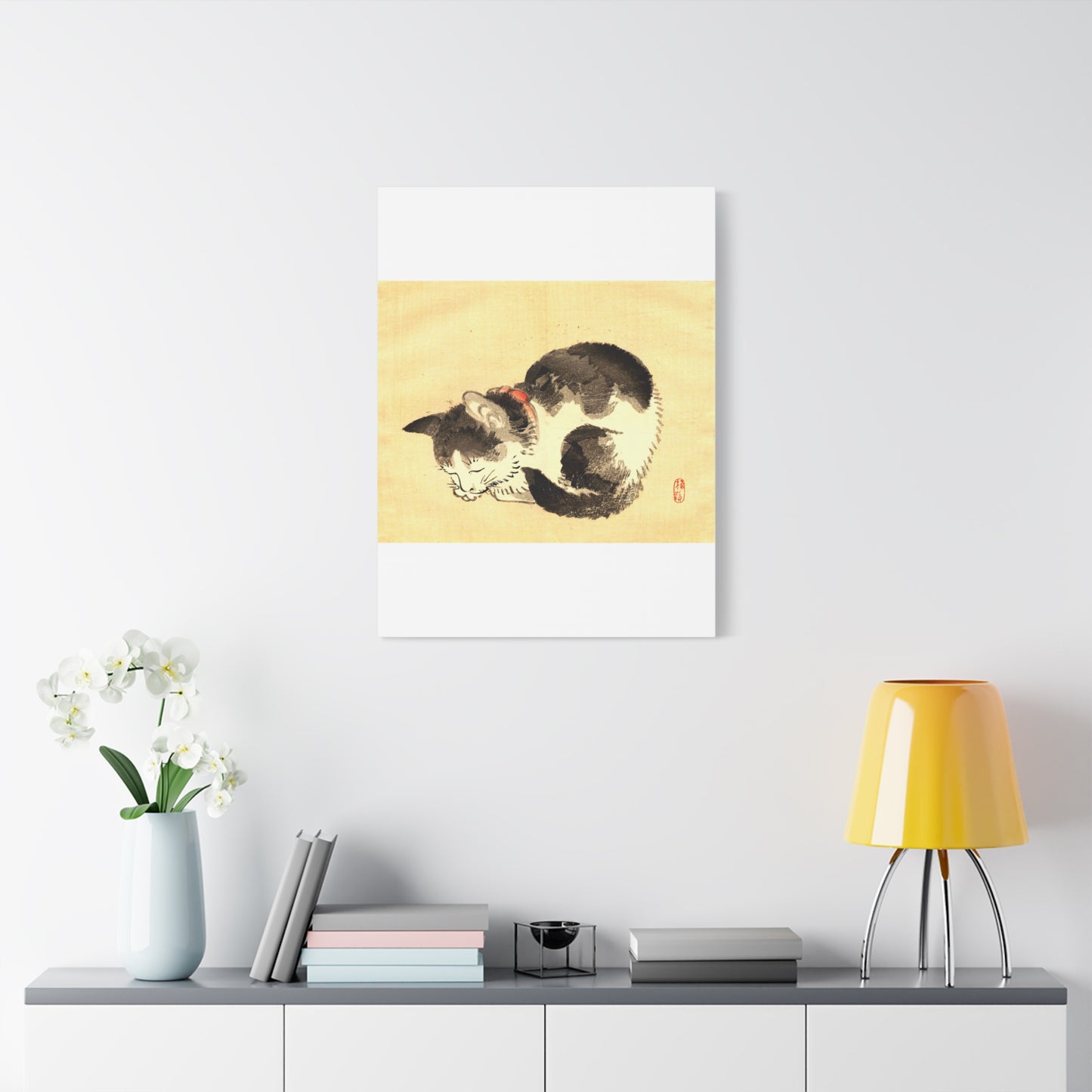 Sleeping Cat Vintage Sumi-e Canvas Print — Japanese Ink Cat Wall Art