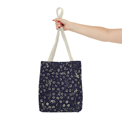 Taisho Era Shochikubai Tote Bag | 1926 Pine Bamboo Plum Japanese Chiyogami Art | Navy Floral