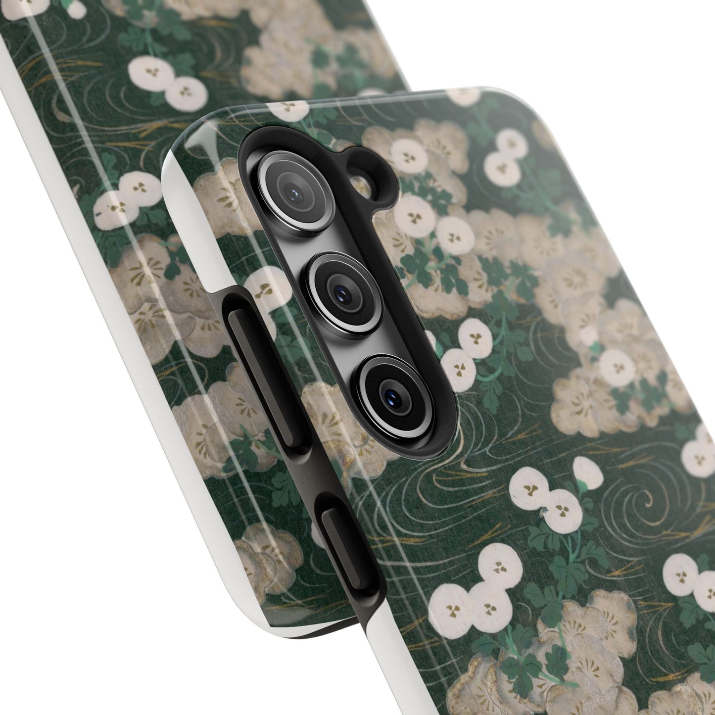 Meiji Era Flowing Water & White Flower Phone Case | 1901 Illustrated Compendium of 100 Designs | Forest Green Japanese Art