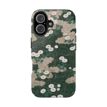 Meiji Era Flowing Water & White Flower Phone Case | 1901 Illustrated Compendium of 100 Designs | Forest Green Japanese Art