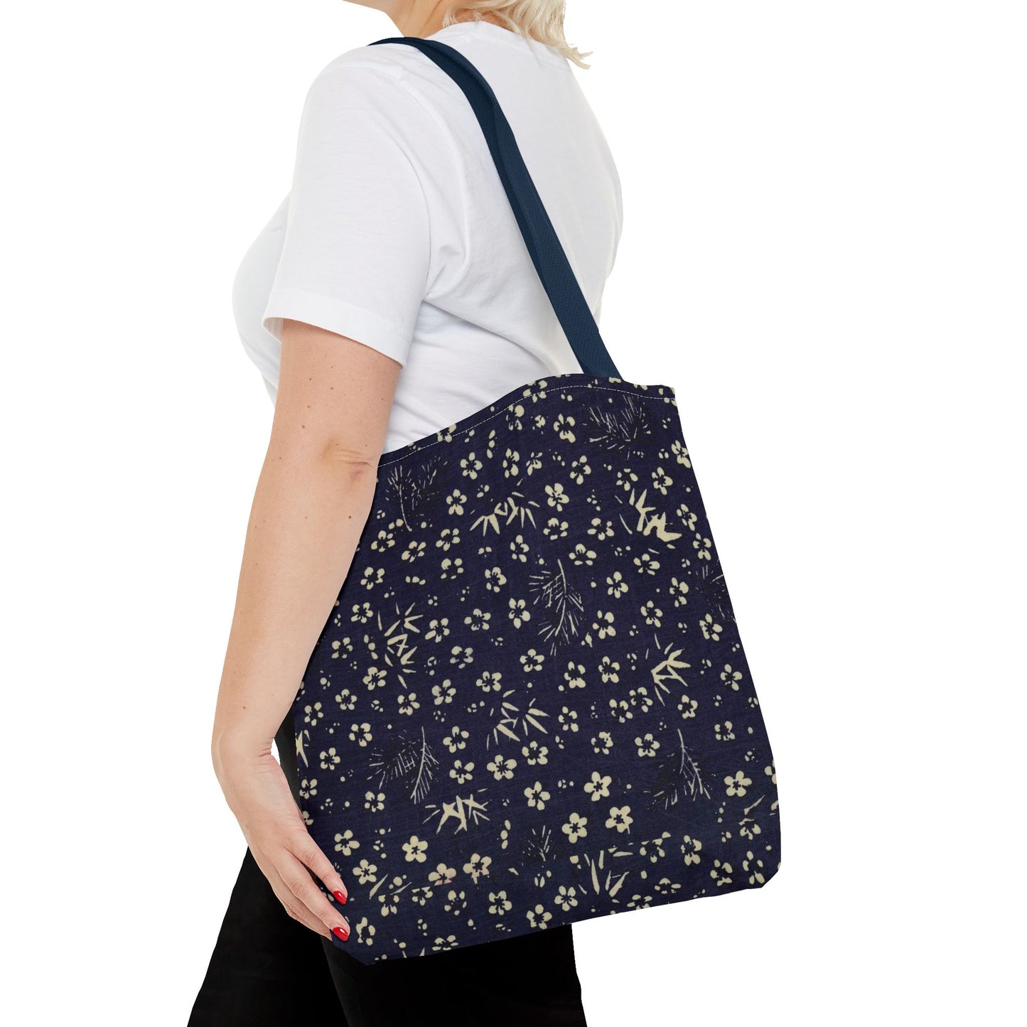 Taisho Era Shochikubai Tote Bag | 1926 Pine Bamboo Plum Japanese Chiyogami Art | Navy Floral