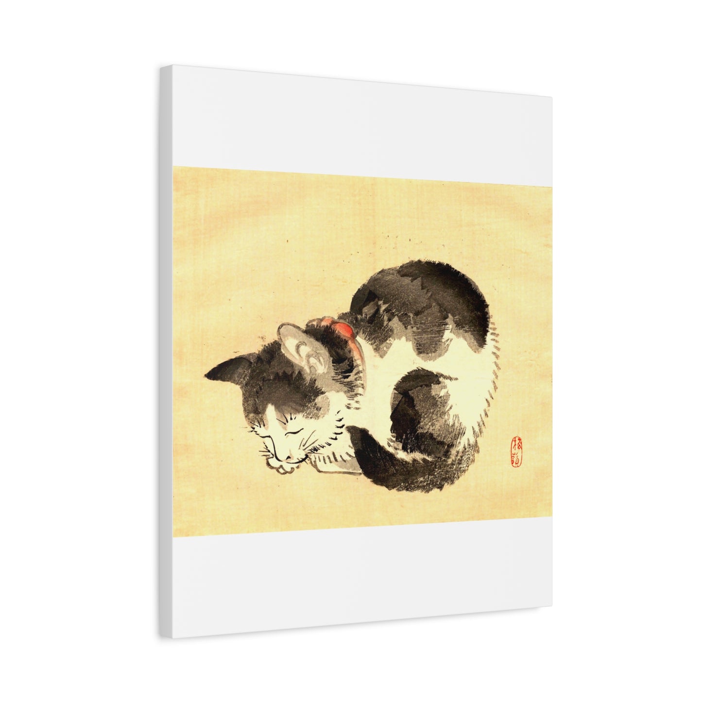 Sleeping Cat Vintage Sumi-e Canvas Print — Japanese Ink Cat Wall Art
