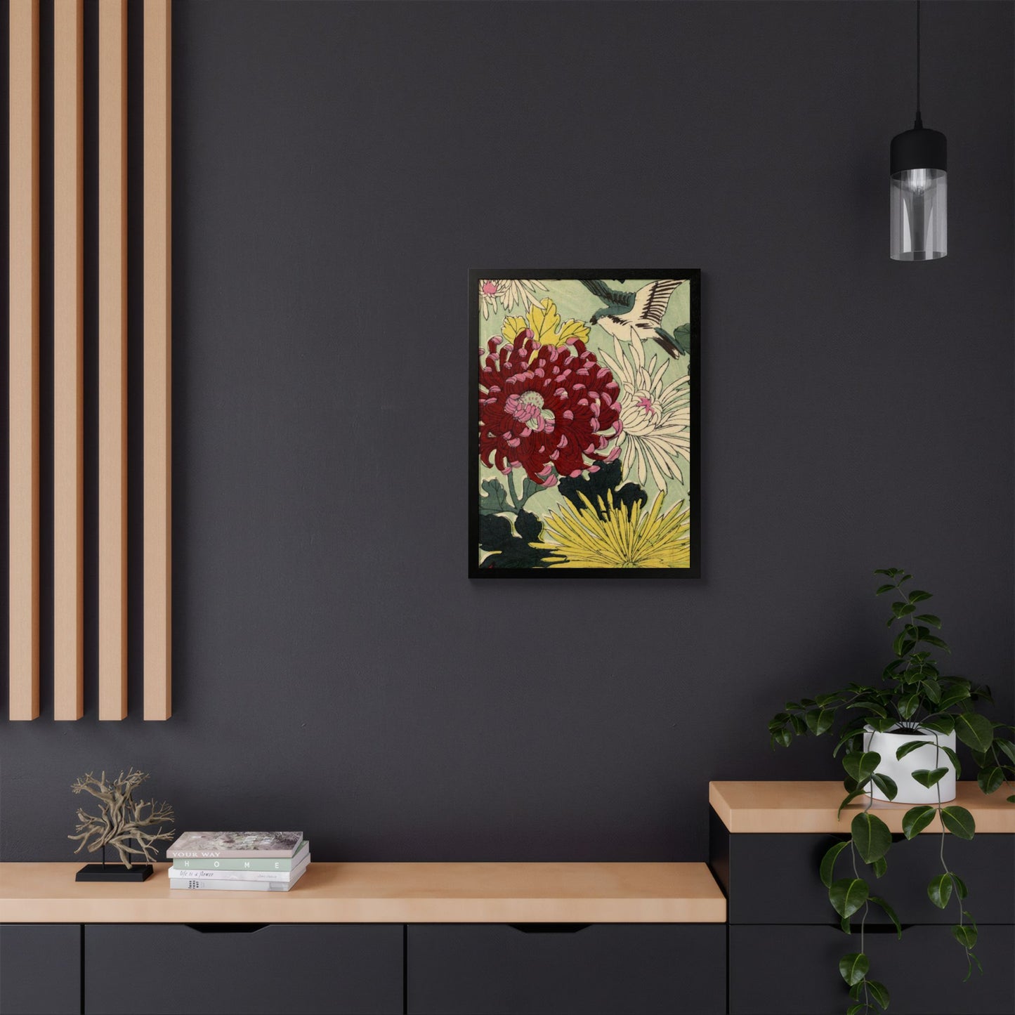 Chrysanthemum Japanese Chiyogami Framed Poster – Vintage 1924 Kikuo Hirose | Maru no Kagishippo