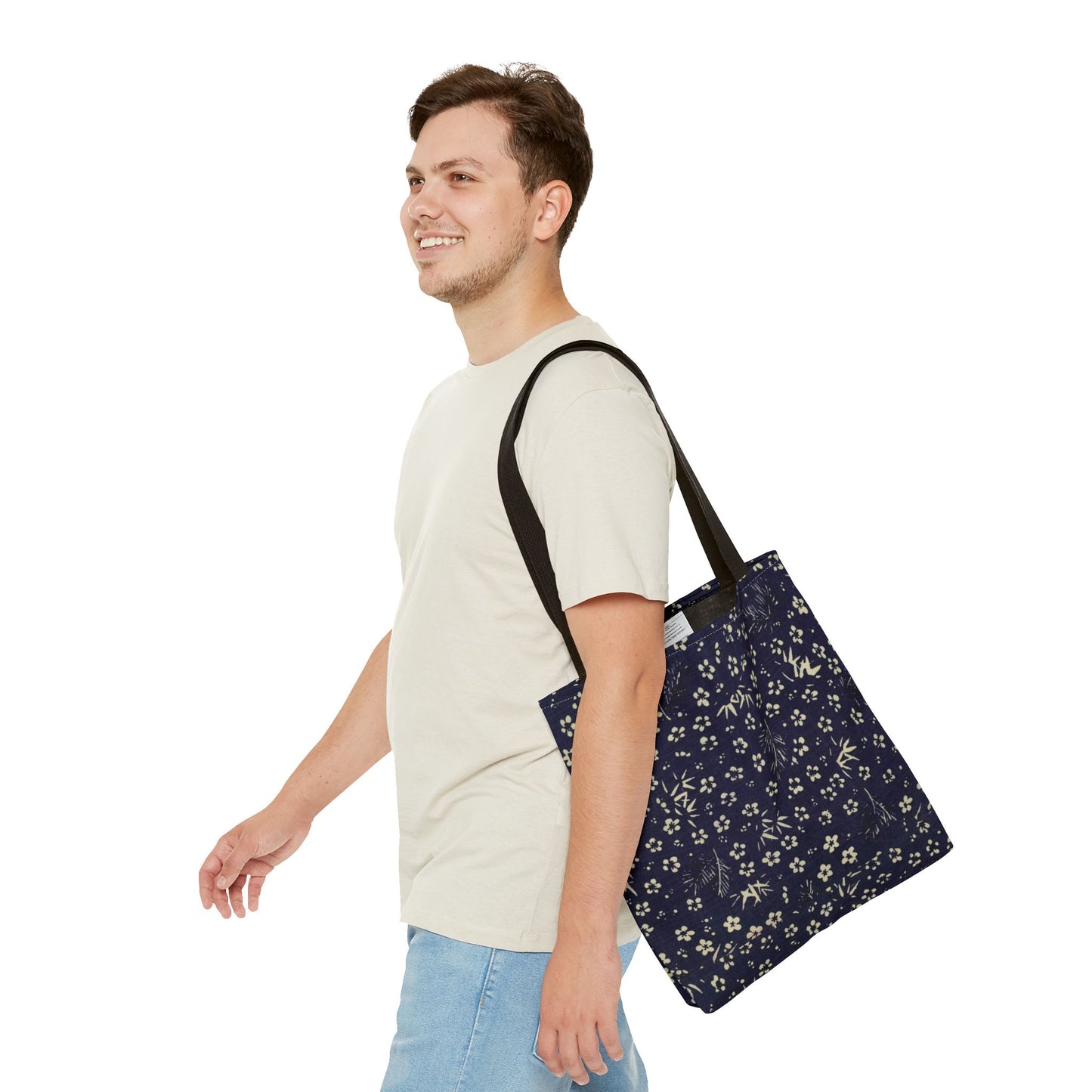 Taisho Era Shochikubai Tote Bag | 1926 Pine Bamboo Plum Japanese Chiyogami Art | Navy Floral