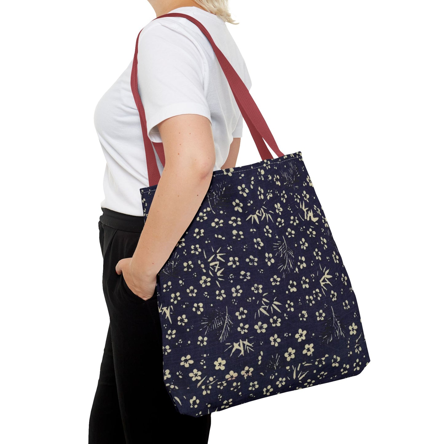 Taisho Era Shochikubai Tote Bag | 1926 Pine Bamboo Plum Japanese Chiyogami Art | Navy Floral