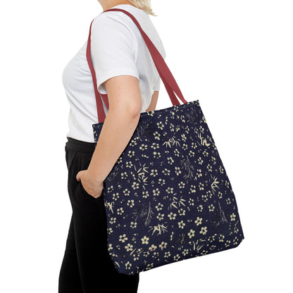 Taisho Era Shochikubai Tote Bag | 1926 Pine Bamboo Plum Japanese Chiyogami Art | Navy Floral