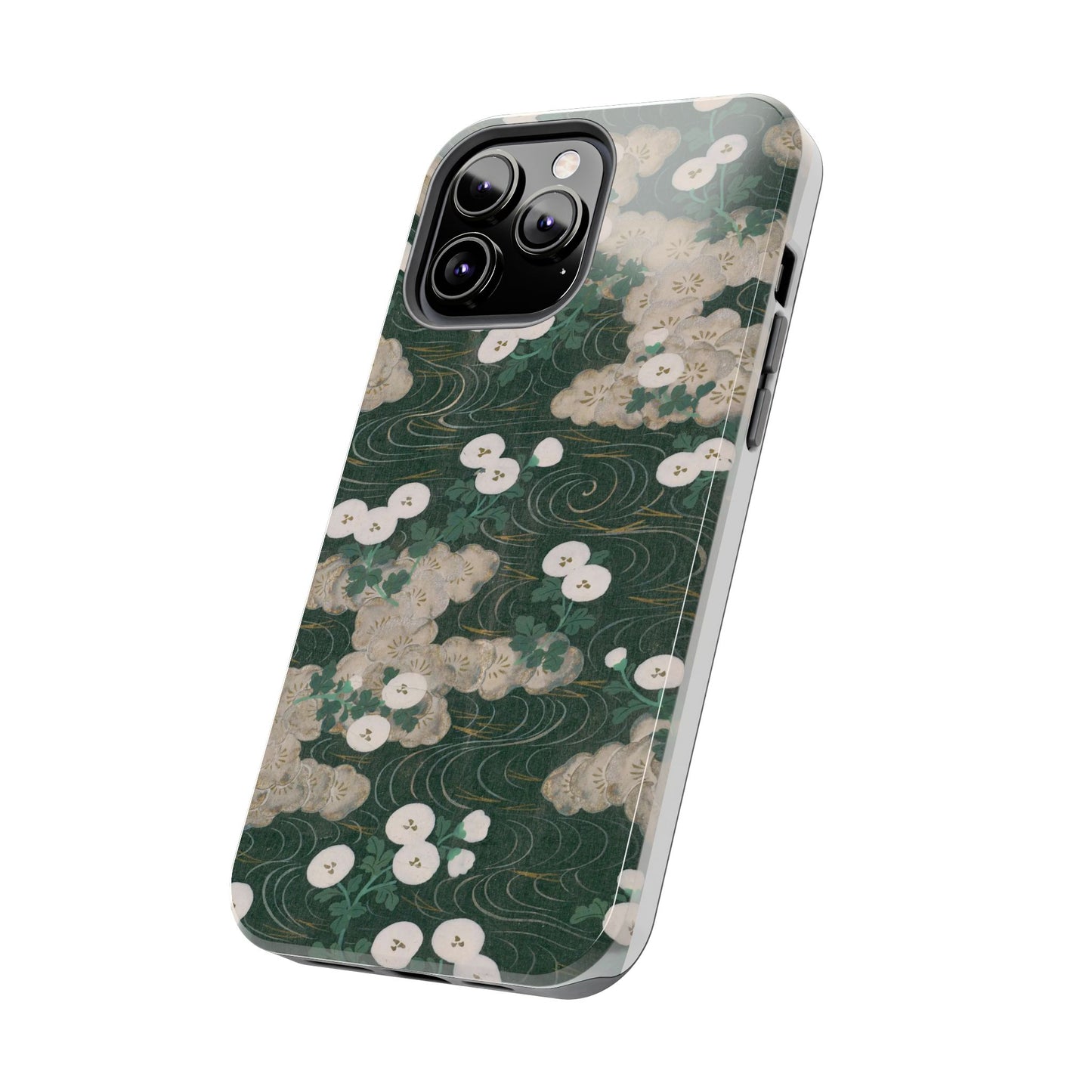 Meiji Era Flowing Water & White Flower Phone Case | 1901 Illustrated Compendium of 100 Designs | Forest Green Japanese Art