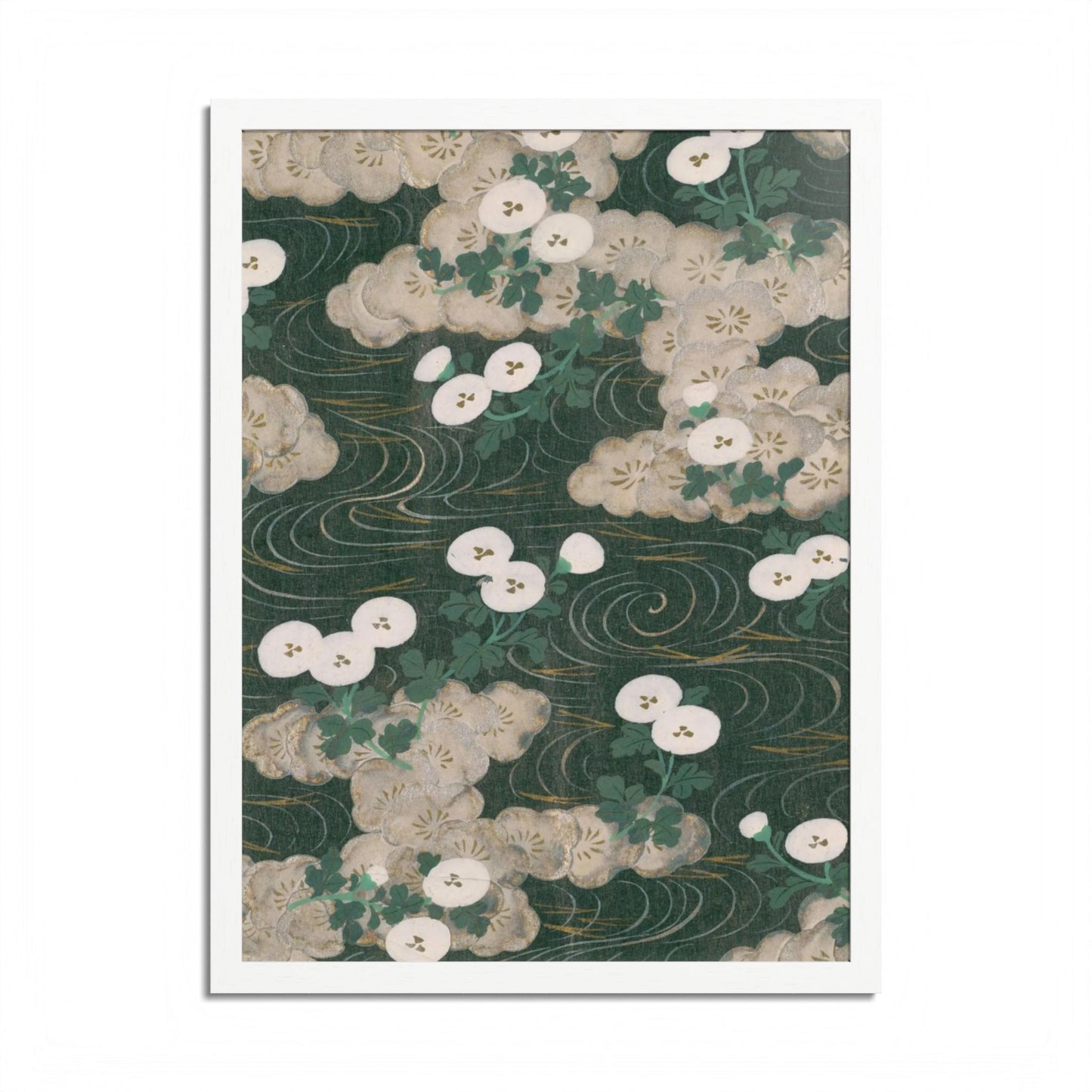 Elegant Green Chiyogami Framed Poster - Vintage Japanese Floral & Flowing Water Wall Art
